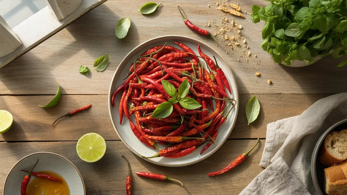 Fresh Prik Jinda peppers showing color, shape and texture