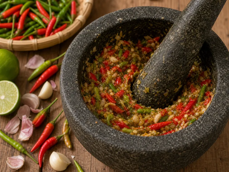 Prik Jinda chilies crushed in a stone mortar with garlic and lime