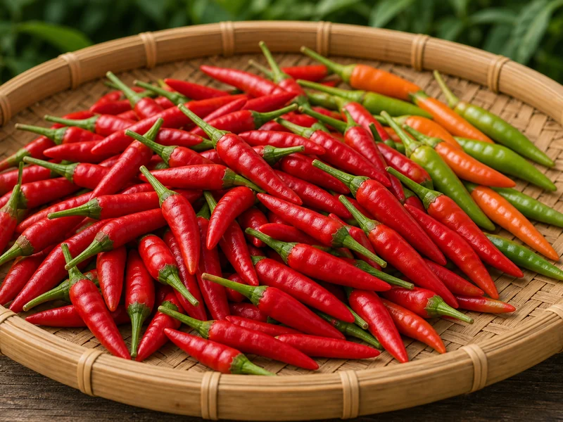 Red elongated Prik Kee Noo peppers with one sliced pod
