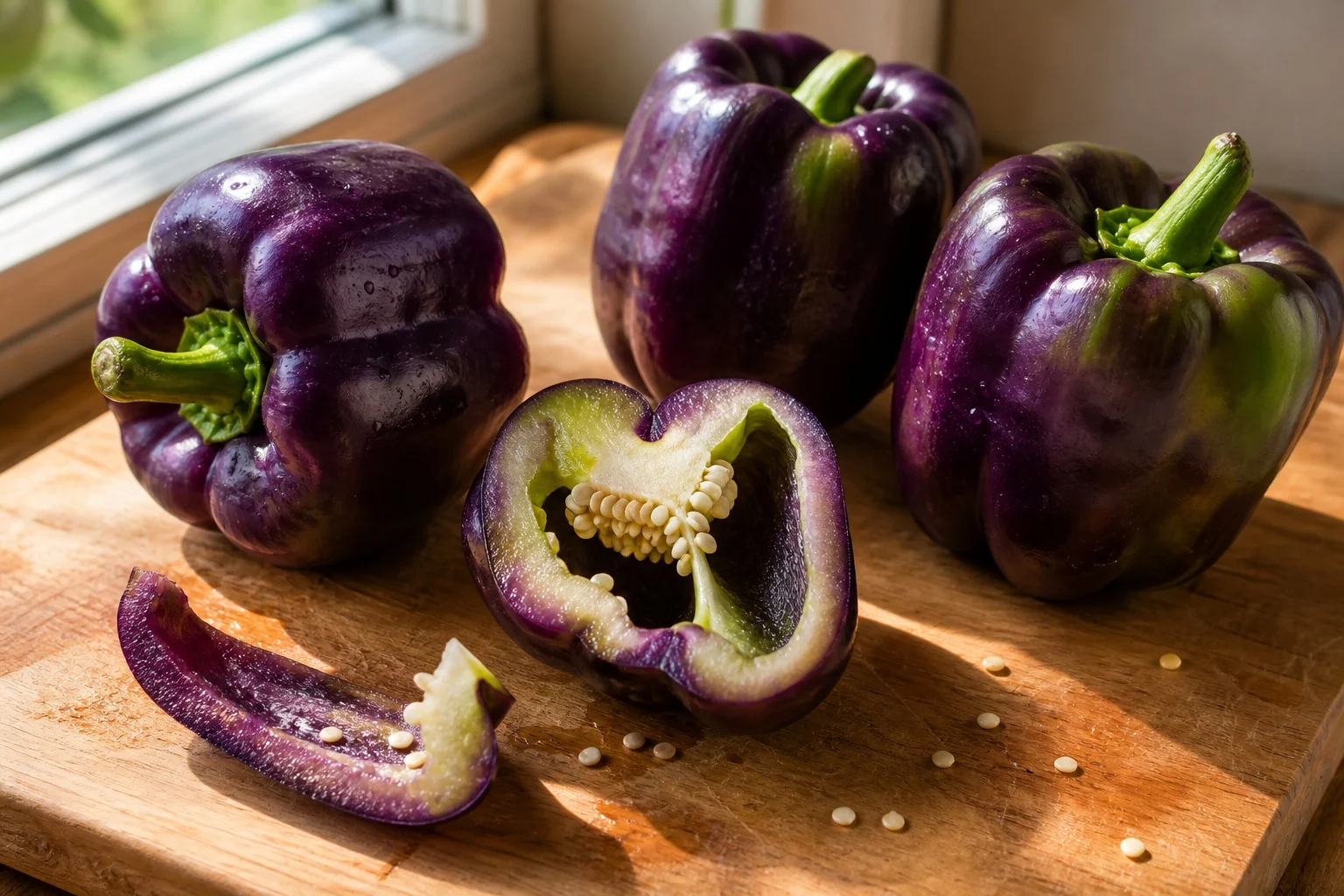 Whole and sliced Purple Beauty peppers on a wooden board in window light