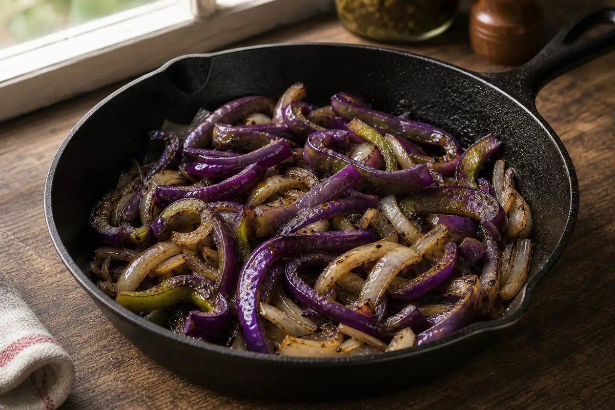 Sauteed Purple Beauty pepper strips with onions in a cast-iron skillet