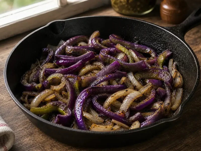 Sauteed Purple Beauty pepper strips with onions in a cast-iron skillet