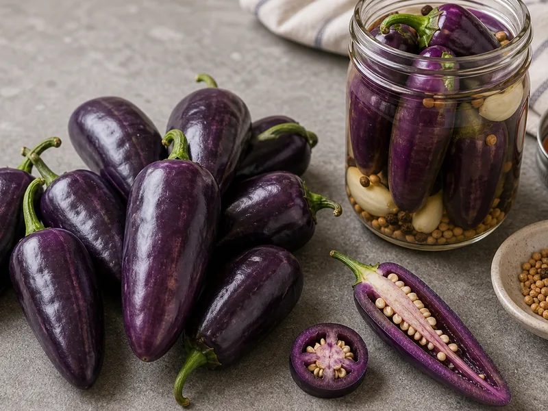 Purple jalapeno peppers beside a brine jar with one sliced pod