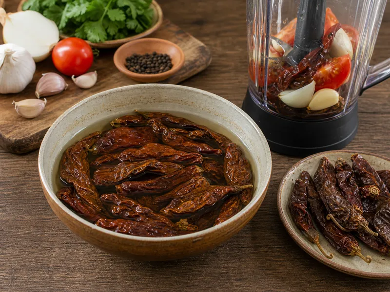 Dried Puya chiles softened for Mexican sauce