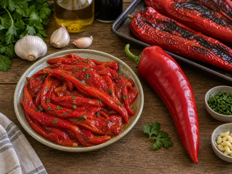 Ramiro sweet peppers roasted and peeled into strips