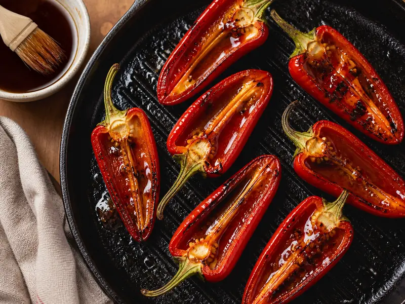 Halved red jalapenos glazed on a cast iron grill pan, thick walls and pale seed membrane visible, with a bowl of glaze beside