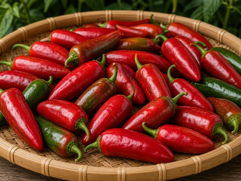 Red elongated Red Jalapeño peppers with one sliced pod