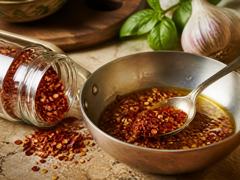 Red pepper flakes with visible seeds blooming in olive oil, beside a tipped jar of the dry flakes