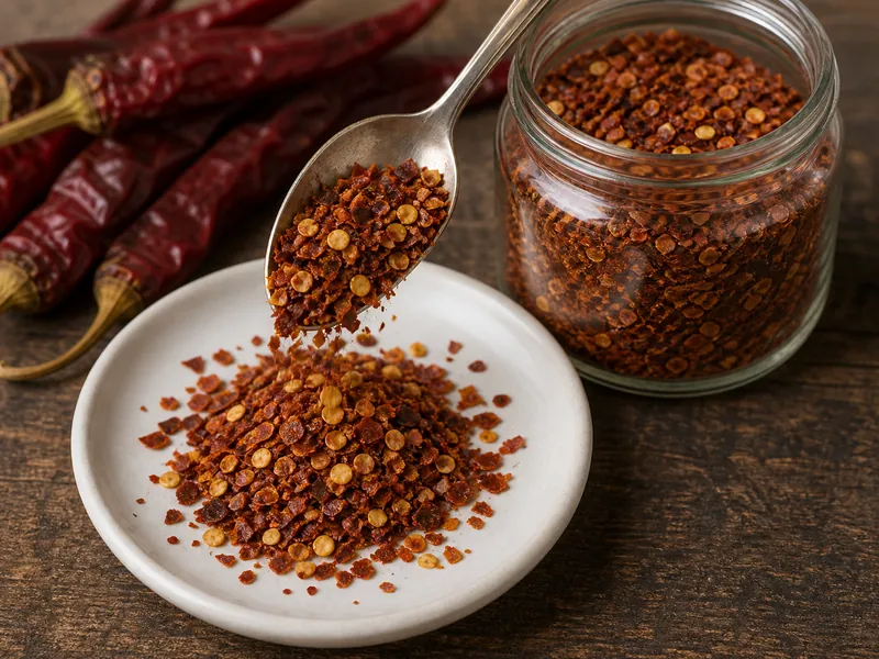 Crushed red pepper flakes spooned from a glass jar