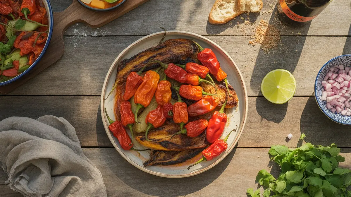 Fresh Red Savina Habanero peppers showing color, shape and texture