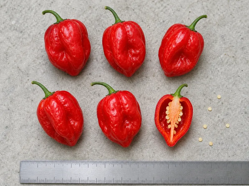 Deep red lantern-shaped Red Savina habanero pods, one halved to show the pale placenta the heat sits on, with a ruler for scale