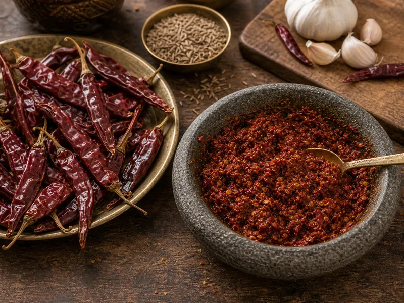 Reshampatti chilies ground with spices for chutney
