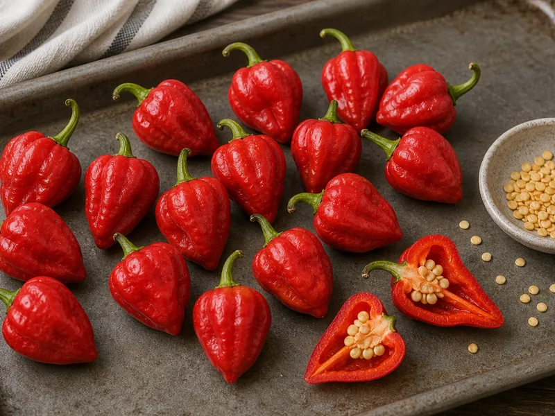 Red lantern Rocotillo Pepper peppers with one sliced pod
