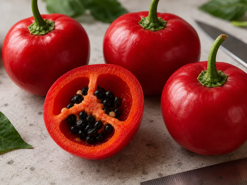 Red Rocoto peppers with one halved pod, black seeds, and a small ruler
