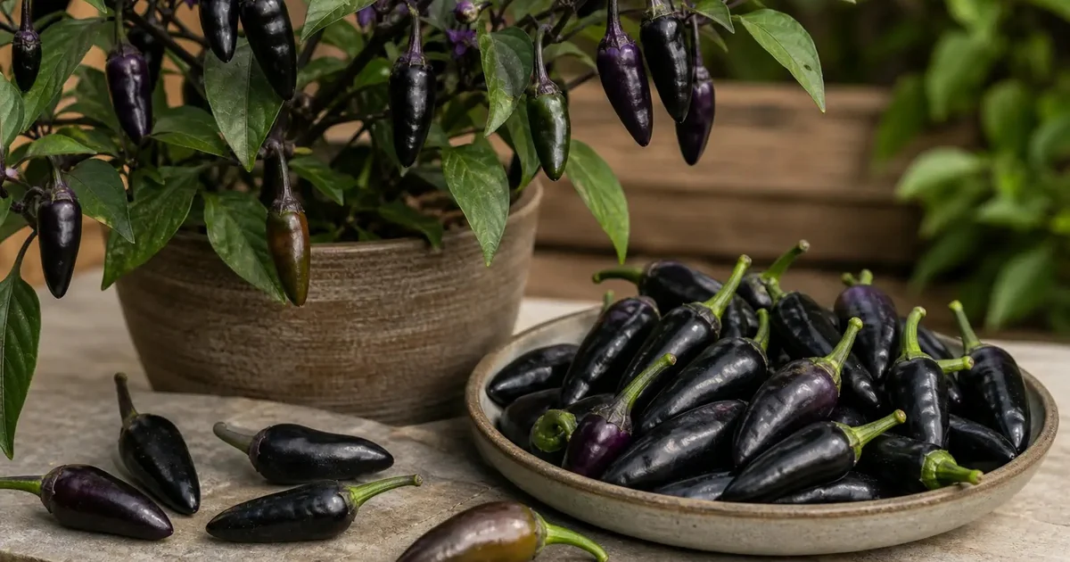 Royal Black peppers shown in dark purple-black stages on the plant and harvested on a tray