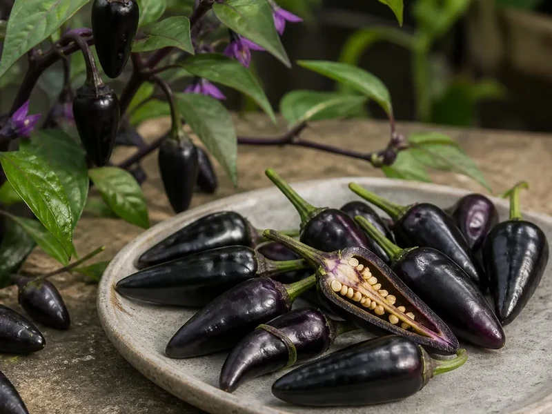 Royal Black peppers on the plant and harvested on a tray with one pod sliced open