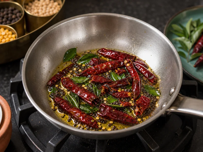 Dried Sanam chilies tempering in oil with mustard seeds and curry leaves