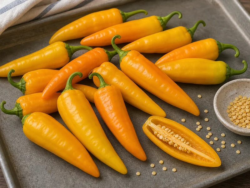 Yellow-orange conical Santa Fe Grande peppers with one sliced pod