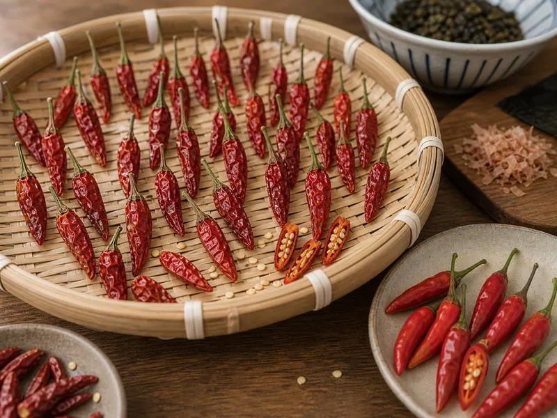 Santaka peppers drying on a bamboo tray