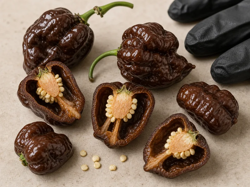 Cut Chocolate Scotch Bonnet peppers showing pale placenta and seeds