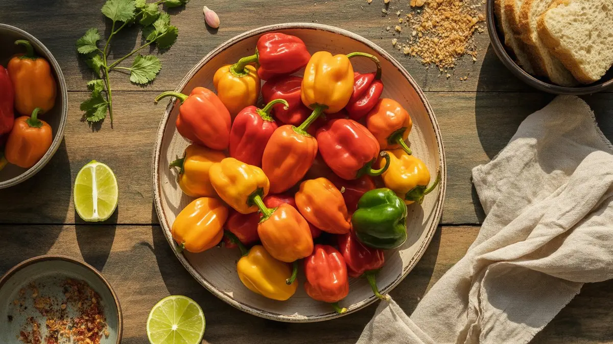 Fresh Scotch Bonnet peppers showing color, shape and texture