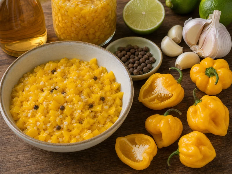 Yellow Scotch bonnet peppers chopped for Caribbean pepper sauce