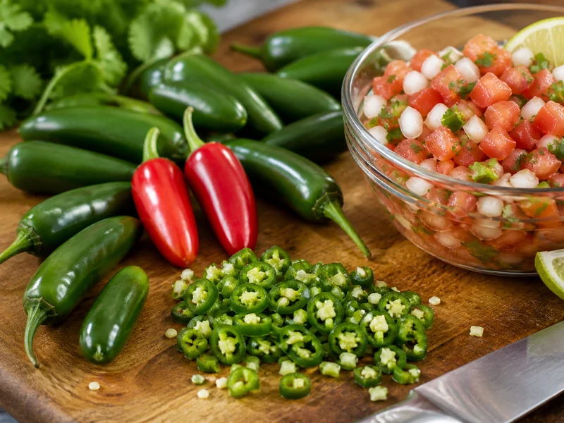 Green and red serranos with some sliced into rings on a board beside a bowl of pico de gallo