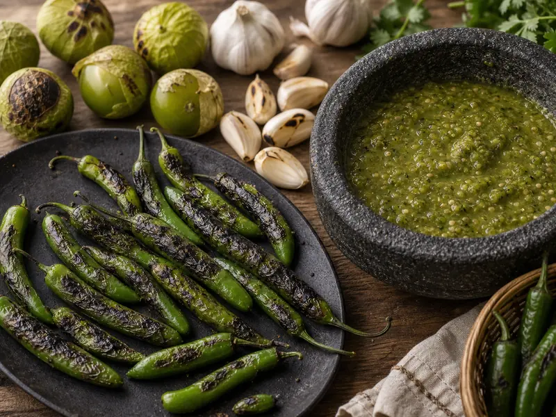 Charred serrano peppers beside tomatillos and green salsa