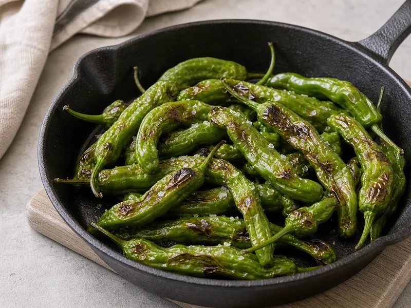 Blistered green shishito peppers in a small skillet with coarse salt