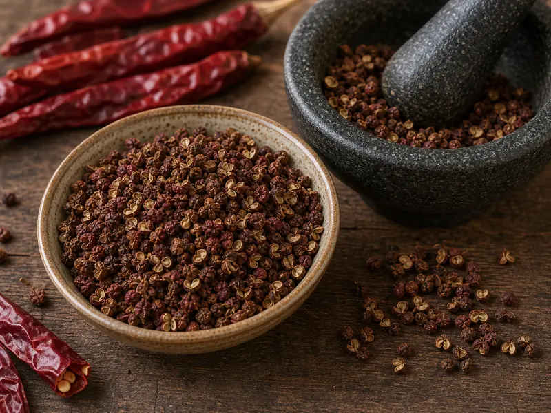 Sichuan pepper husks in a bowl beside a mortar and dried chiles
