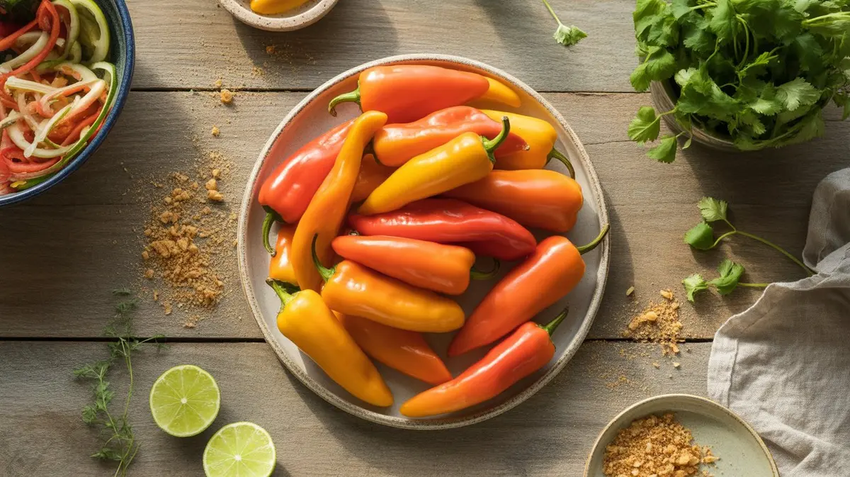 Fresh Sugar Rush Peach peppers showing color, shape and texture