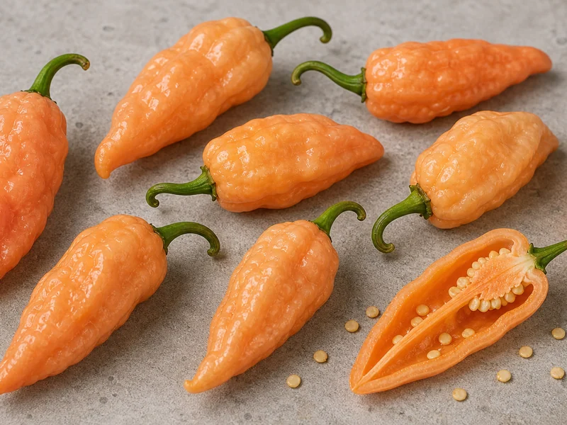 Peach elongated wrinkled Sugar Rush Peach peppers with one sliced pod
