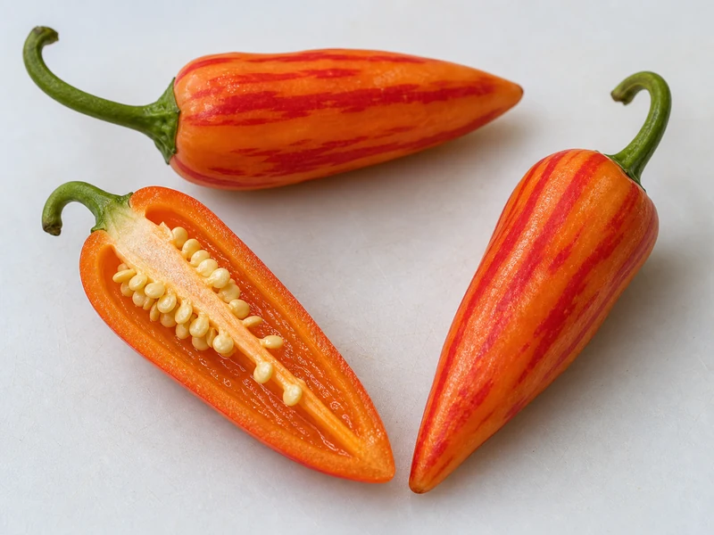 Cut Sugar Rush Stripey peppers showing red striping and pale seeds