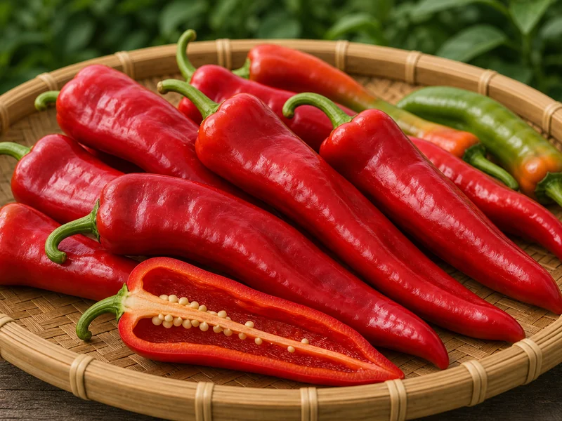 Red elongated Sweet Italian Pepper peppers with one sliced pod