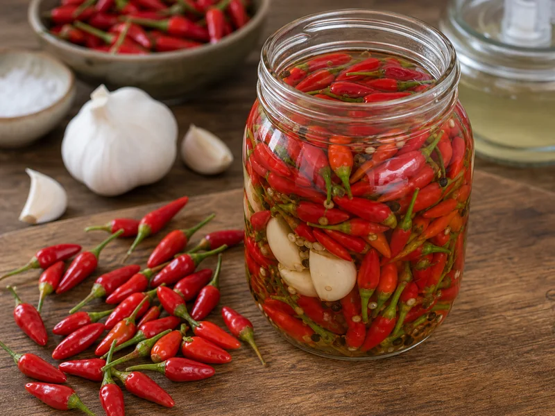 Tabasco peppers fermenting in brine for hot sauce