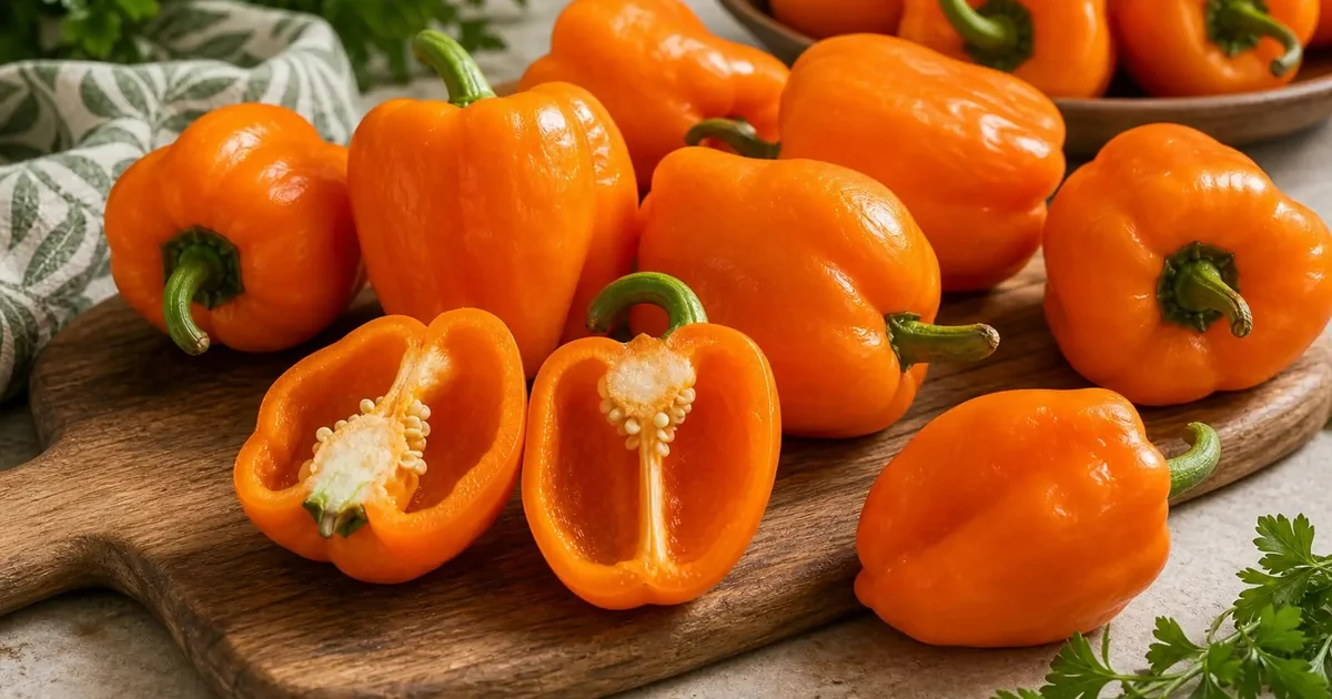 Tangerine Dream peppers shown whole and cut open to reveal thick orange walls and seeds