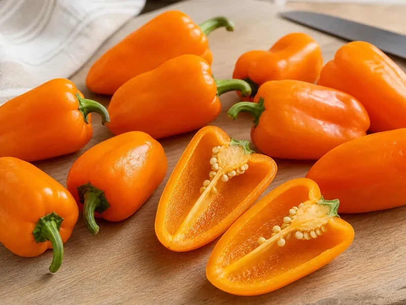 Tangerine Dream peppers on a cutting board with two halves showing seeds and orange flesh