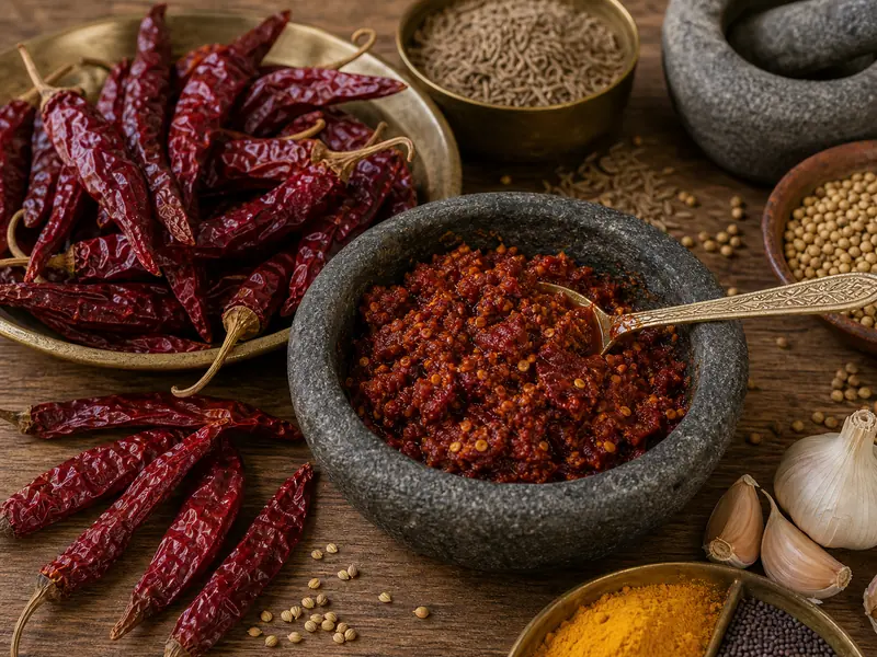 Teja chilies ground with spices for Indian chili paste