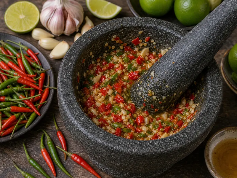 Thai chilies crushed in a stone mortar with garlic and lime