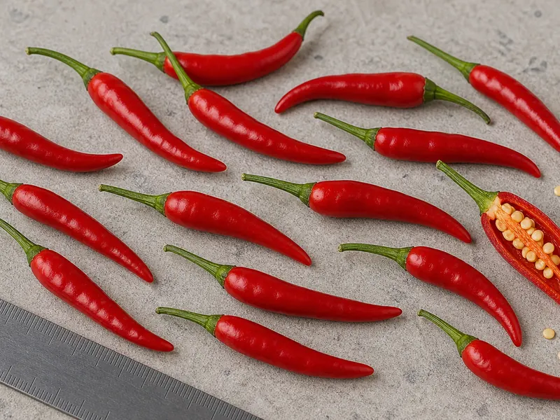Red small elongated Thai Dragon peppers with one sliced pod