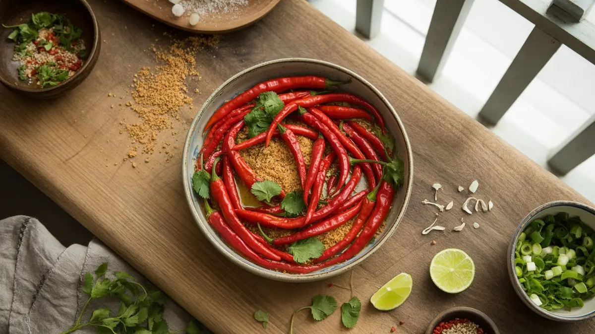Fresh Tien Tsin peppers showing color, shape and texture