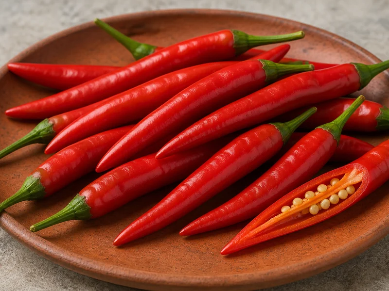 Red Tien Tsin peppers with one sliced pod showing slender tapered shape