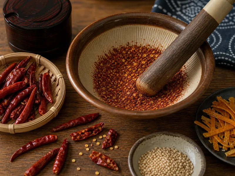 Dried togarashi chilies ground in a suribachi with sesame and citrus peel