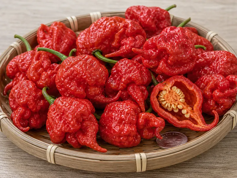 Red Trinidad Moruga Scorpion peppers with one sliced pod and handling gloves