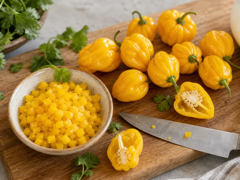 Trinidad Perfume peppers chopped for mild Caribbean relish