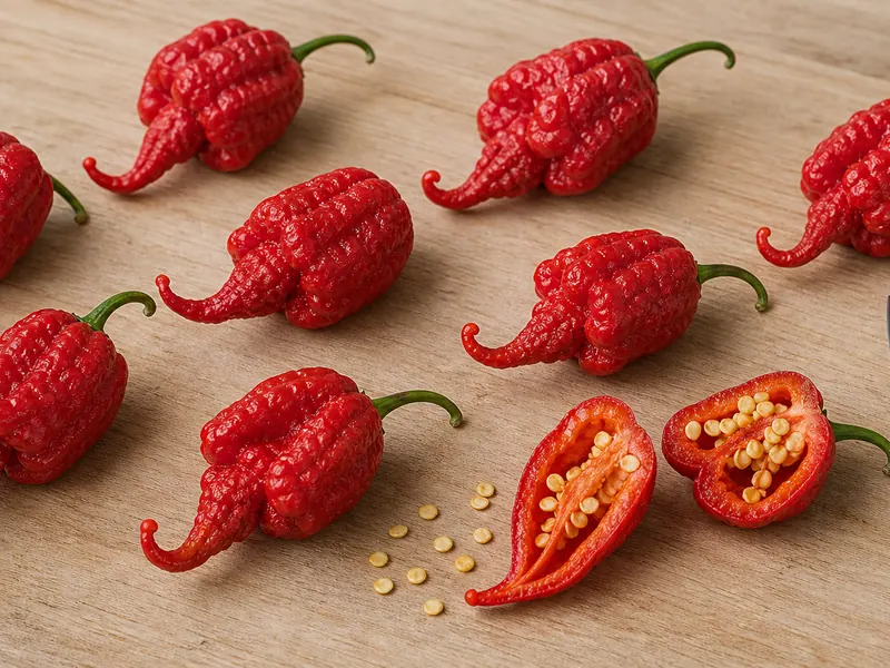Red Trinidad Scorpion Butch T peppers with one sliced pod and handling gloves