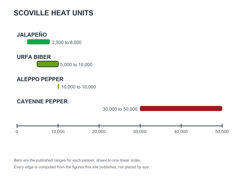 Scoville chart of published ranges: Jalapeño 2,500 to 8,000, Urfa Biber 5,000 to 10,000, Aleppo Pepper 10,000 to 10,000, Cayenne Pepper 30,000 to 50,000
