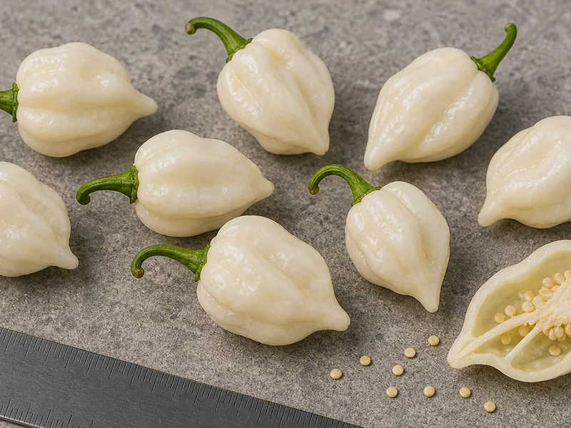 White lantern White Habanero peppers with one sliced pod