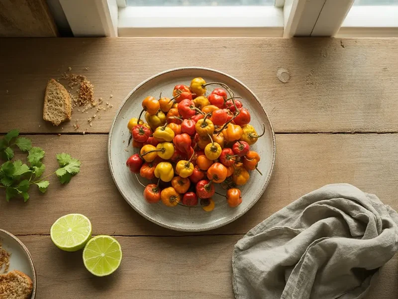Small round red Wiri Wiri peppers with a sliced pod, seeds, and a coin for scale