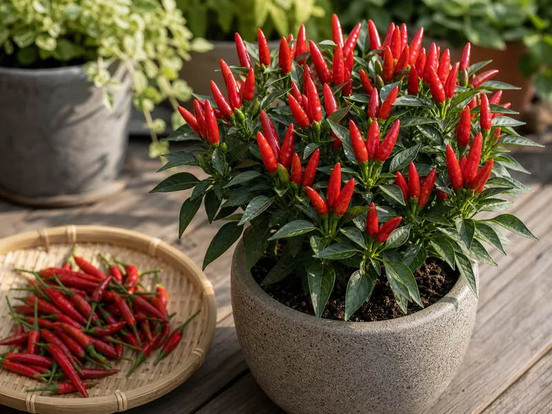 Yatsufusa peppers clustered upright on a compact plant